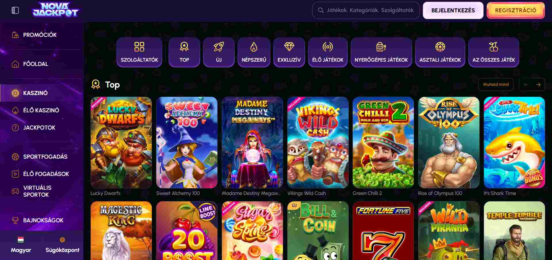 Nova Jackpot casino kezdőlap