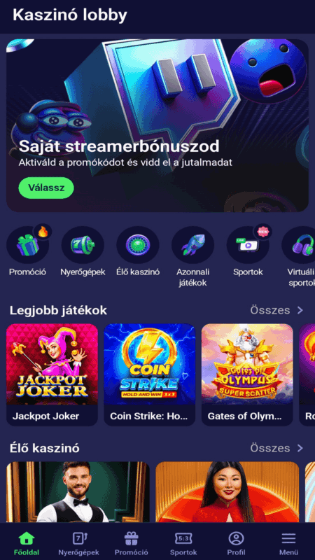 BetMatch mobil kaszinó interfész 