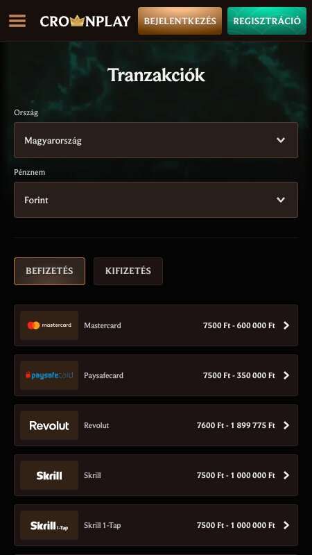 Fizetési módok a CrownPlay oldalon