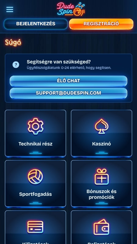 Ügyfélszolgálat a DudeSpin oldalon