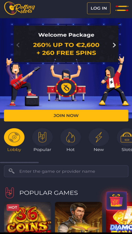 Rolling Slots mobilra optimalizált felület