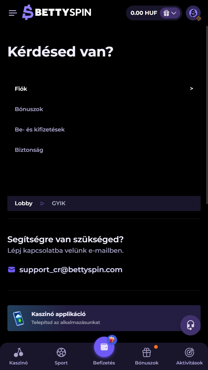 Ügyfélszolgálat a BettySpin Kaszinóban