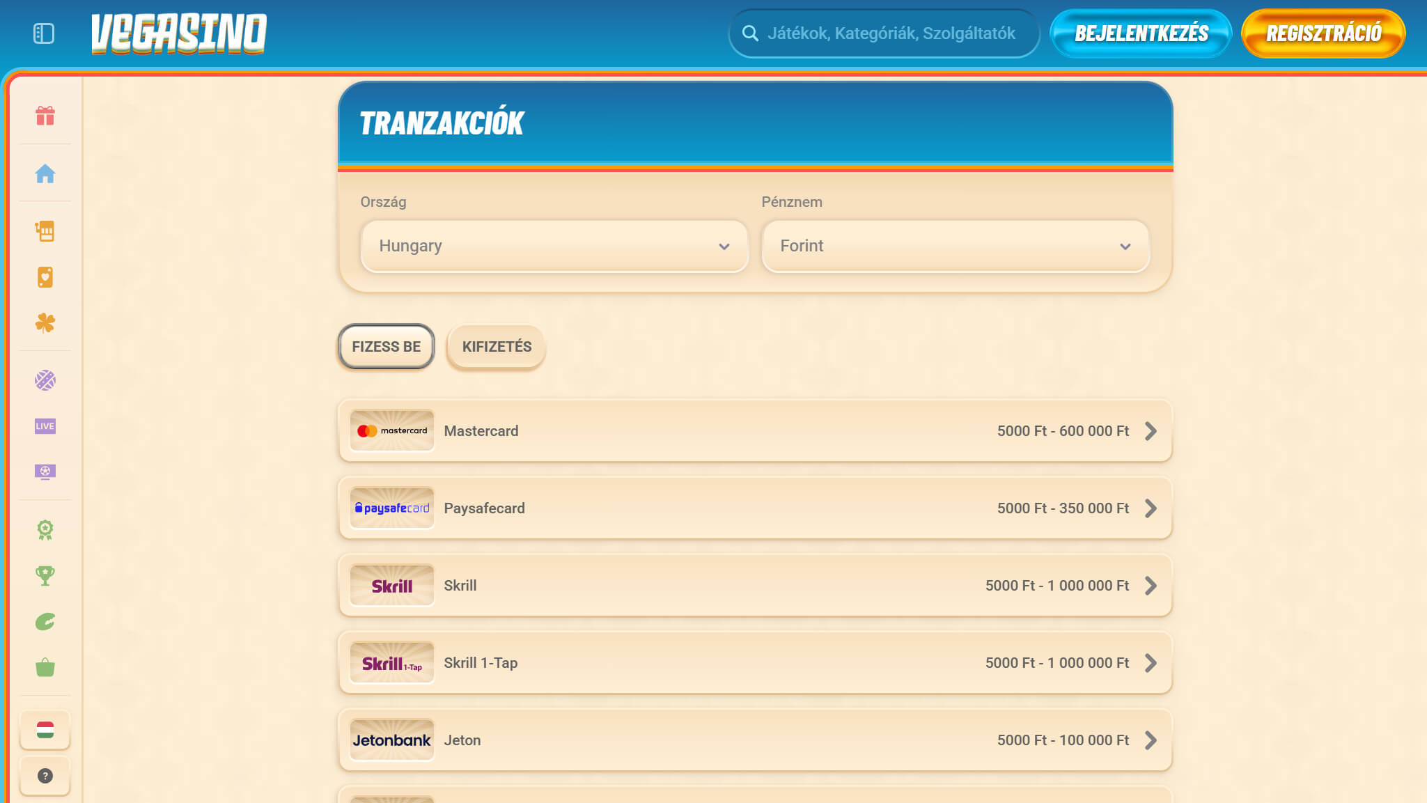 Vegasino Payment Options Hungary, magyarkaszinok.tv
