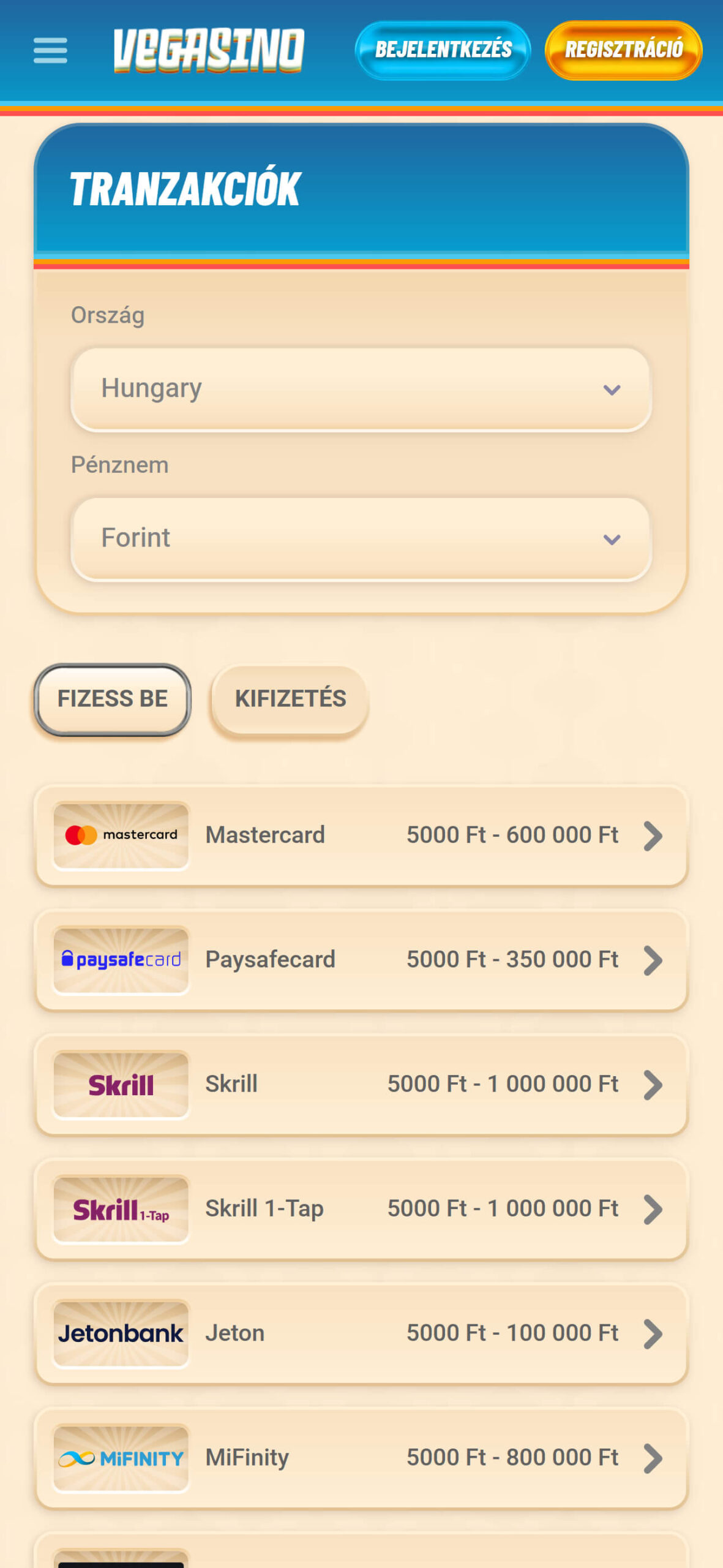 Vegasino Payment Options Hungary (mobile), magyarkaszinok.tv
