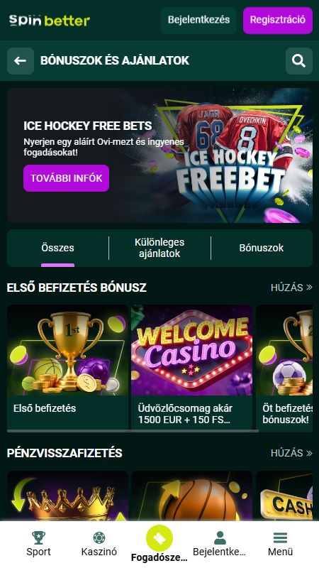 Promóciók oldal a SpinBettern