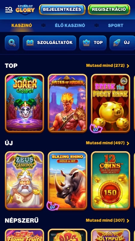 SpinsOfGlory kaszinó felület