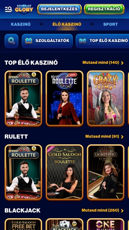 SpinsOfGlory élő kaszinó felület