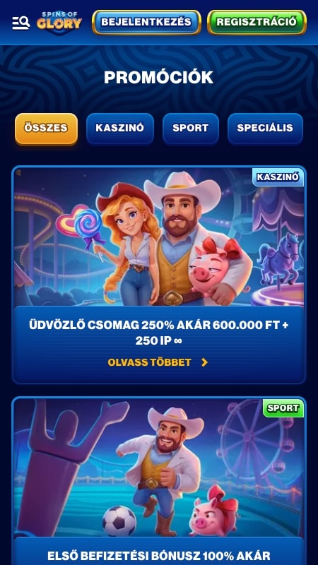 SpinsOfGlory bónuszok és promóciók