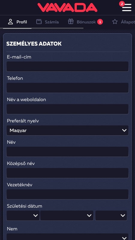Fiók létrehozása a Vavadan