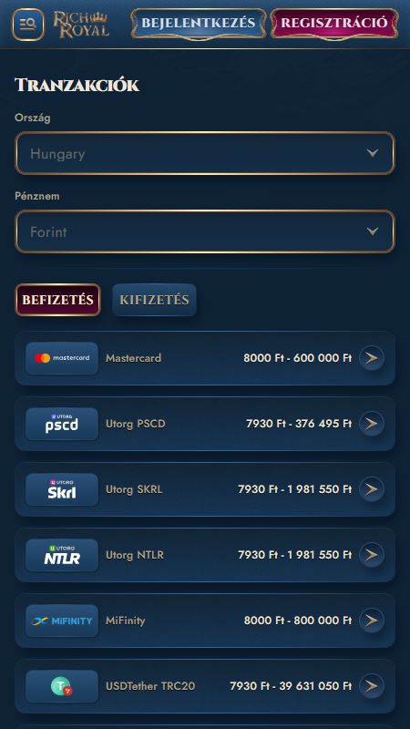 Fizetési módok szakasz a RichRoyaln
