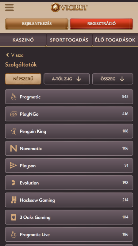 ViciBet kaszinójáték-szolgáltatók