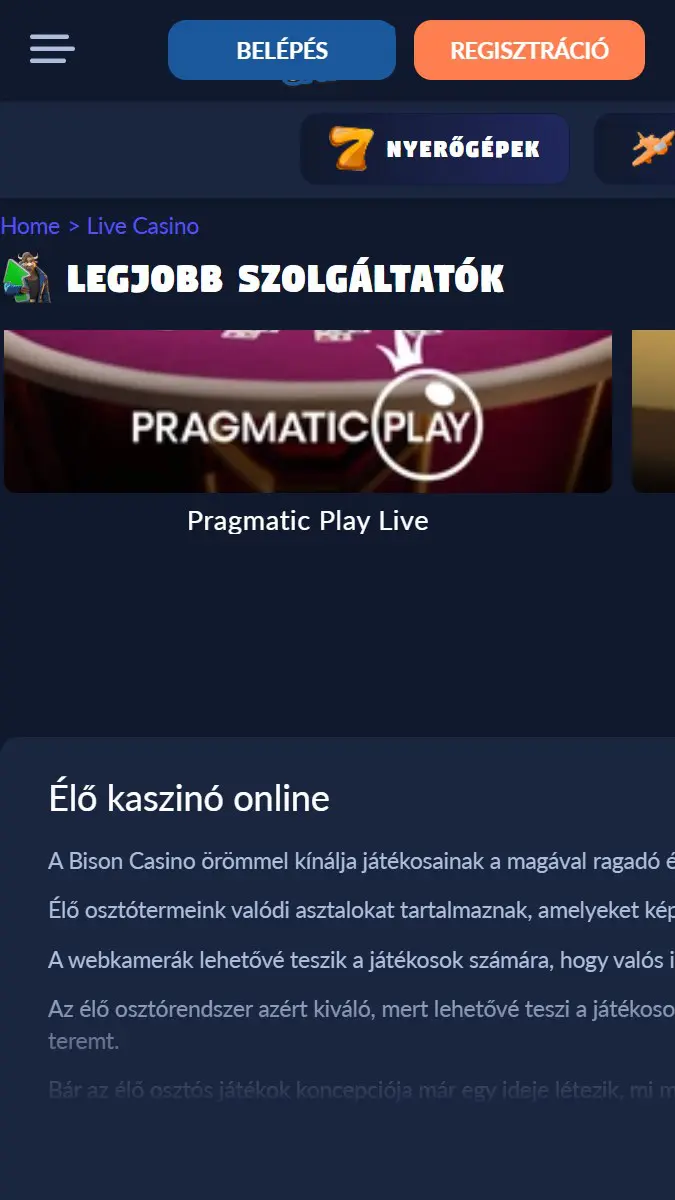 Képernyőkép a Bison Casino alkalmazás élő kaszinó felületéről
