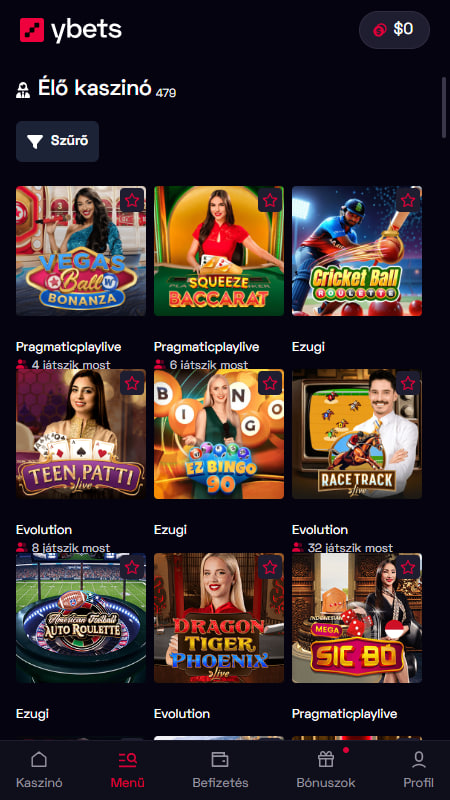 Élő játékok az Ybets kaszinó Magyarország oldalán