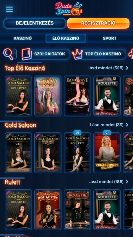 DudeSpin élő kaszinó