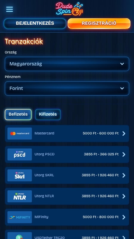 Fizetési módok a DudeSpin oldalon
