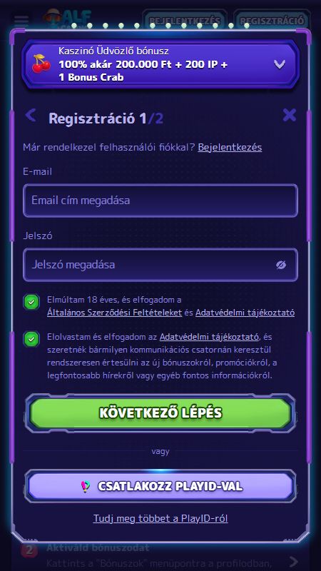 Fiók létrehozása a AlfCasinon