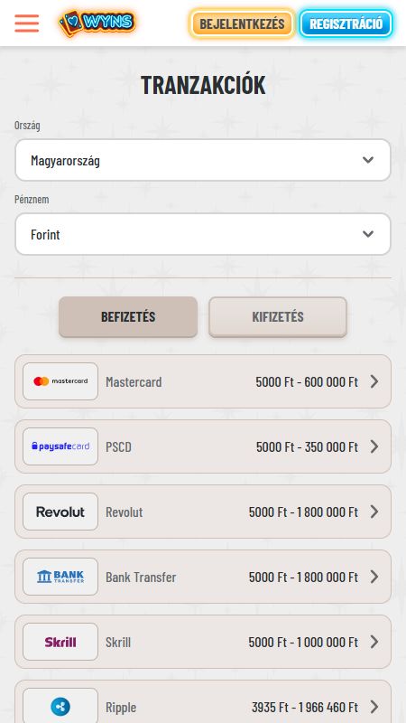 Fizetési módok szakasz a Wynsn