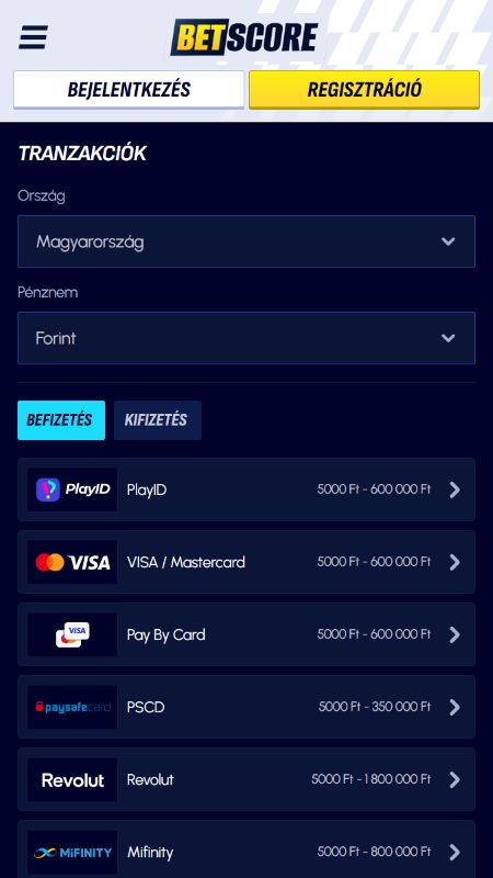 Fizetési módok: BetScore Casino Magyarország