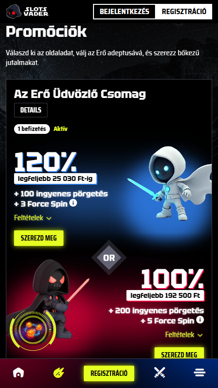 SlotsVader bónuszok és promóciók