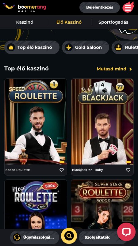 Boomerang élő kaszinó felület